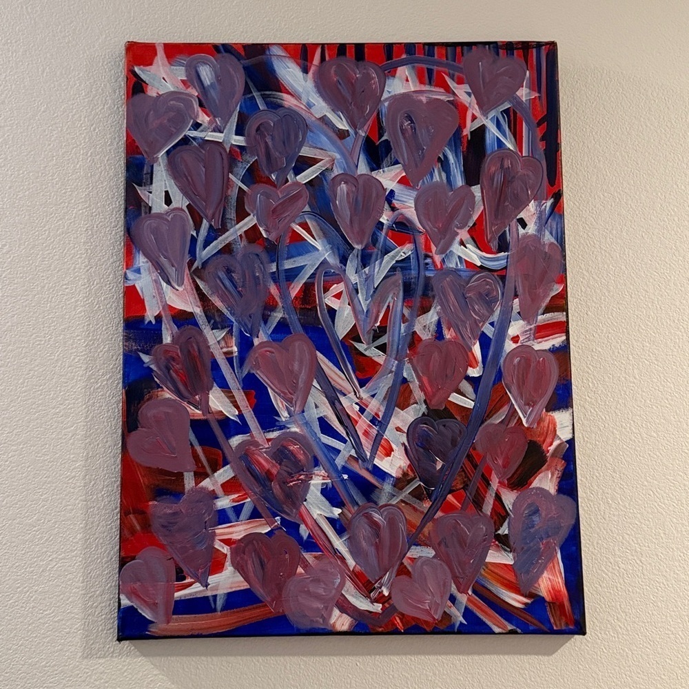 Abstract Heart Art Canvas in Red, Blue, and Purple, oil painting 24” x 18”